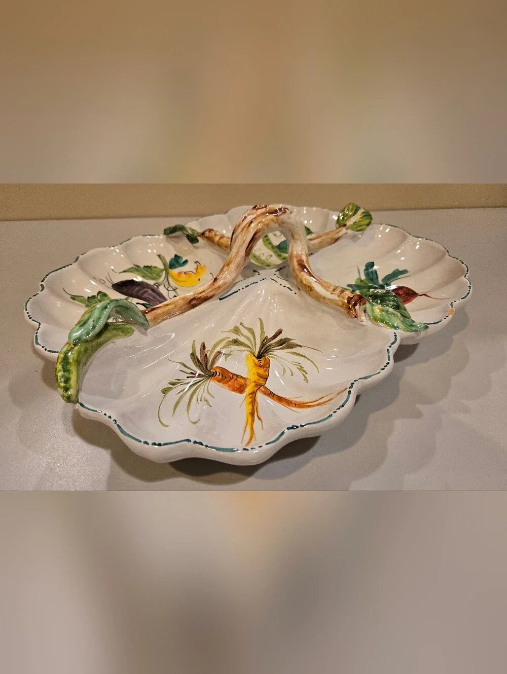 Hand-Painted Italian Porcelain Divided Serving Platter - Garden Veggie Motif